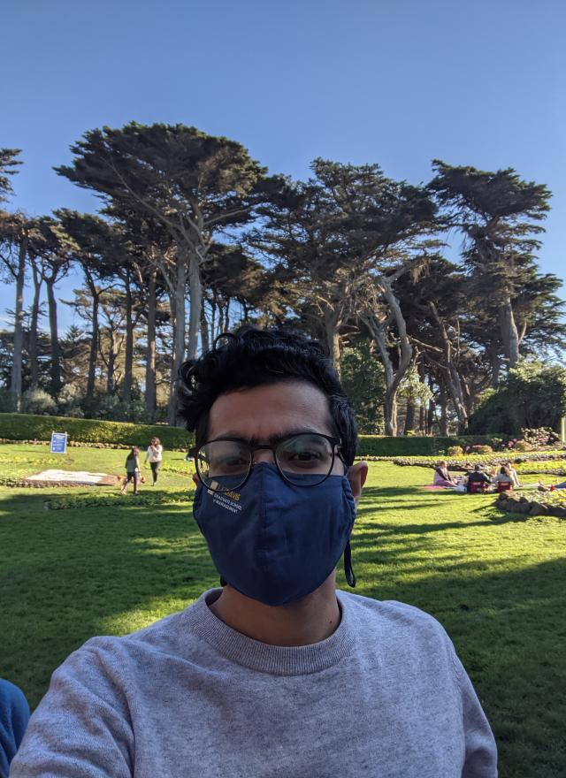 Wearing his UC Davis GSM mask, Animesh enjoys Golden Gate Park in San Francisco, not far from the MSBA campus