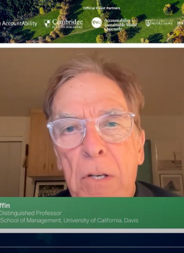 Paul Griffin, Emeritus Distinguished Professor at the Graduate School of Management, University of California, Davis, speaking at the Accountability in a Sustainable World Conference 2024. The video frame includes event branding and partner logos, such as Accountability, Cambridge University Press, and the Mendoza College of Business.