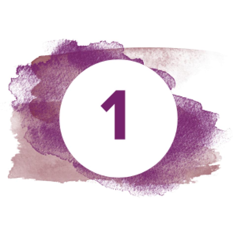 The number 1 on a purple watercolor background