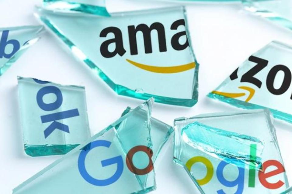 Shards of glass with names of big tech companies like Amazon and Google